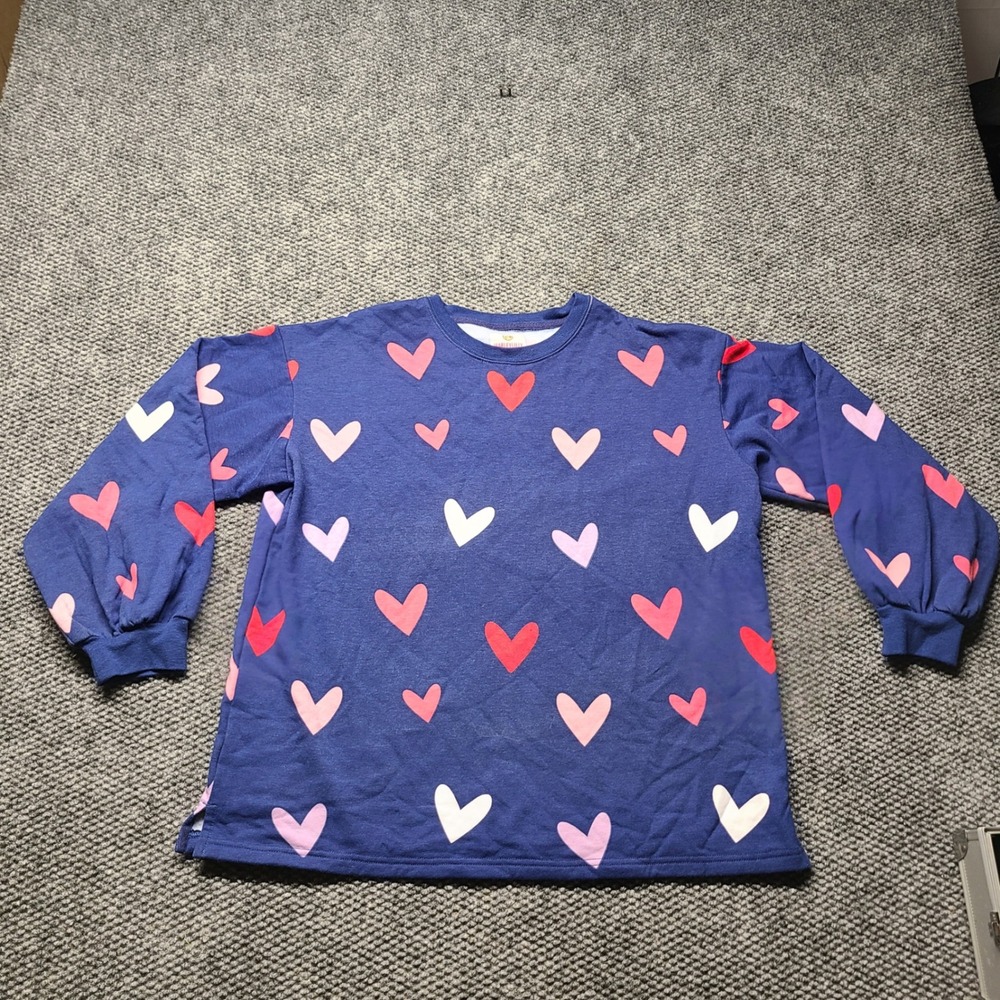 Marleylilly Navy Blue Heart Print Fleece Sweatshirt Women S/M Long Sleeve Top
